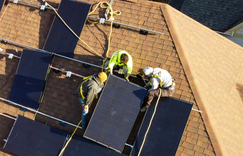 Three Nelnet Renewable Energy solar installers on a residential roof installing solar panels.