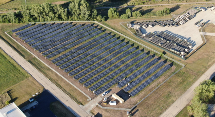 Aerial perspective of a large solar installation