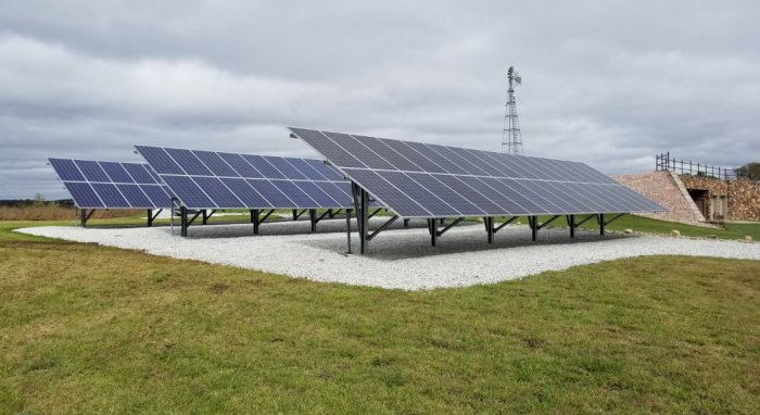 Eco-friendly solar panels on lush green field